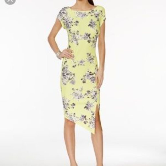 ECI New York yellow floral asymmetrical dress with slit - Picture 2 of 10